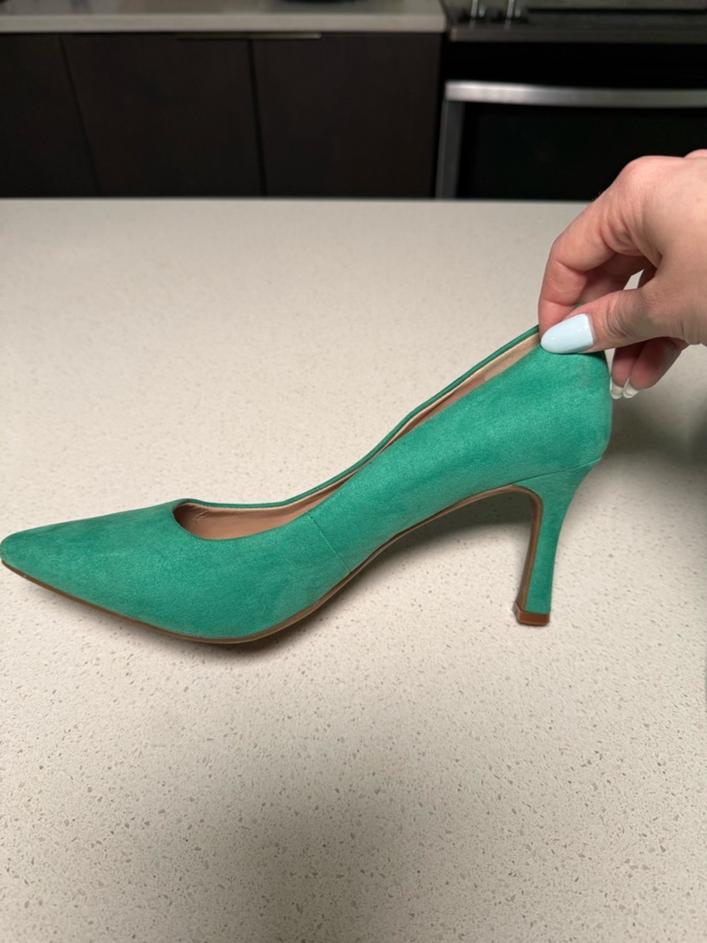 Kelly & Katie Teal Green Suede Pointed-Toe Pumps - Picture 2 of 3